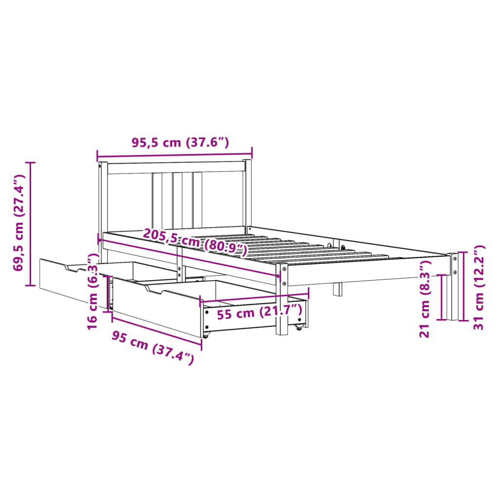 vidaXL Massivholzbett ohne Matratze Weiß 90x200 cm Kiefernholz