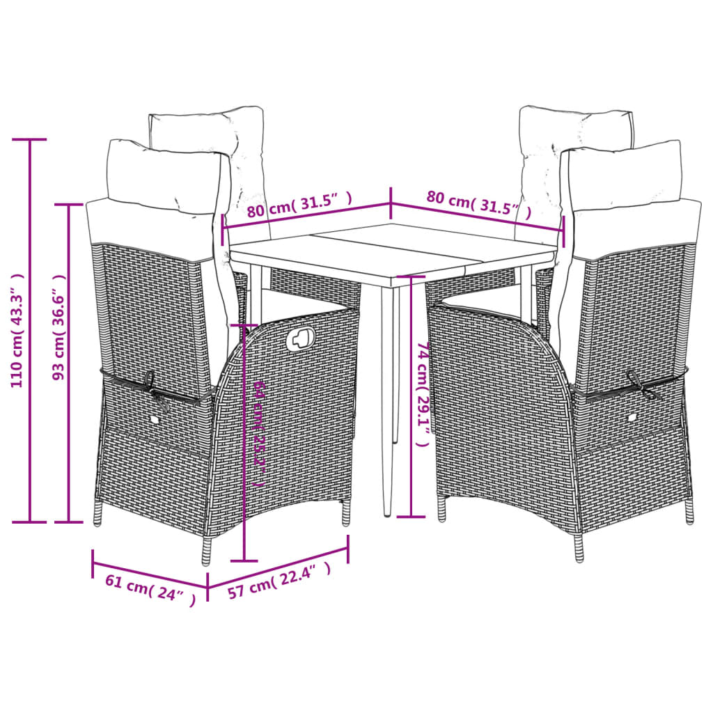 vidaXL 5-tlg. Garten-Essgruppe mit Kissen Schwarz Poly Rattan