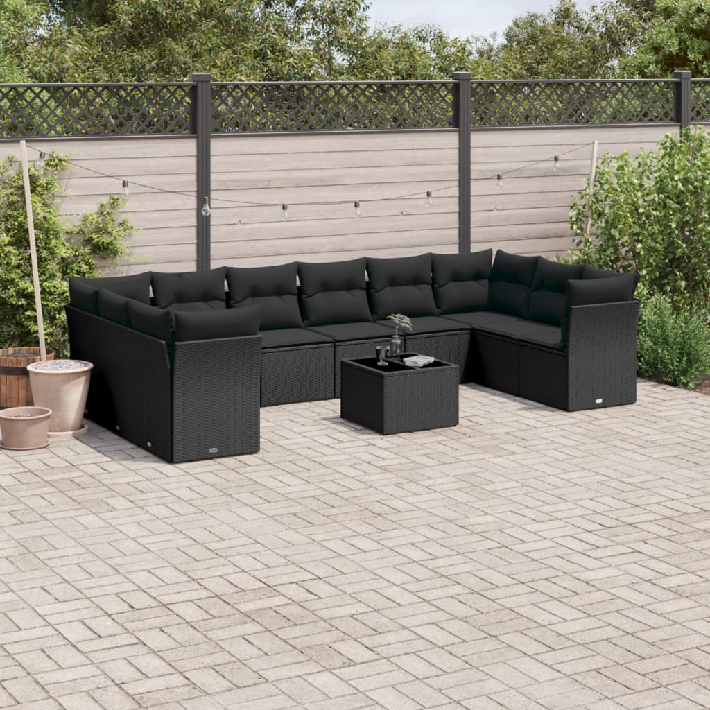 vidaXL 11-tlg. Garten-Sofagarnitur mit Kissen Schwarz Poly Rattan