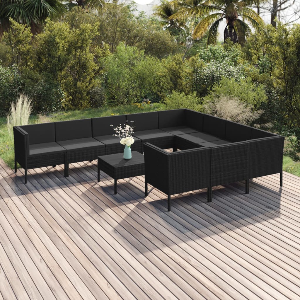 vidaXL 11-tlg. Garten-Lounge-Set mit Auflagen Poly Rattan Schwarz