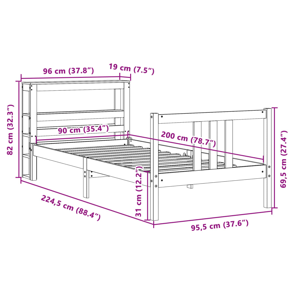 vidaXL Bettgestell mit Kopfteil ohne Matratze Weiß 90x200 cm