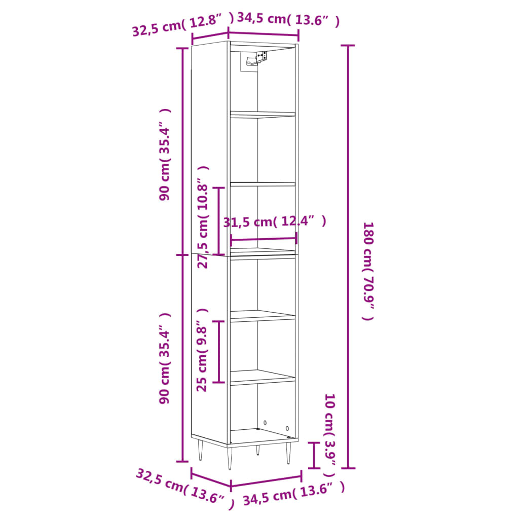 vidaXL Highboard Sonoma-Eiche 34,5x32,5x180 cm Holzwerkstoff