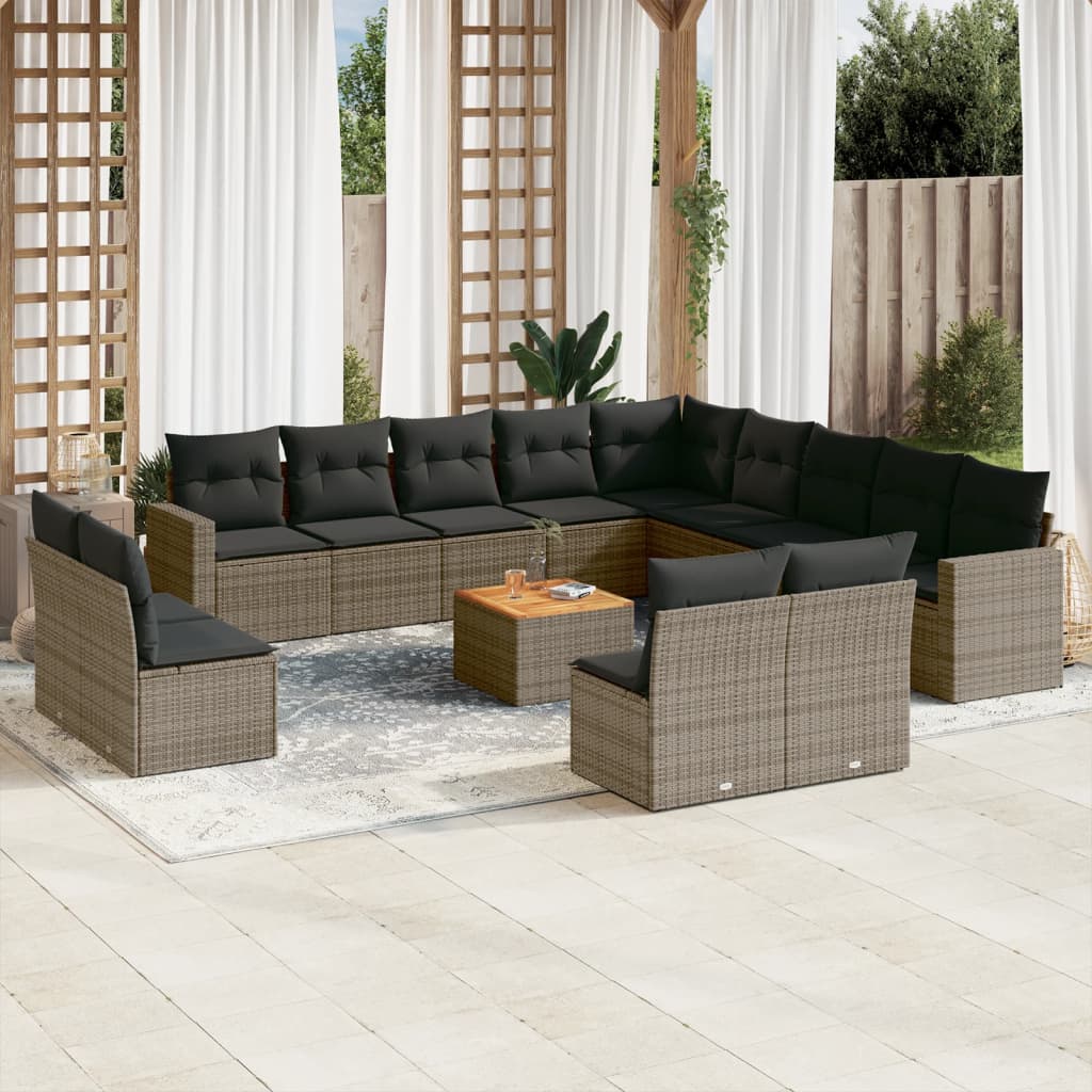 vidaXL 14-tlg. Garten-Sofagarnitur mit Kissen Grau Poly Rattan