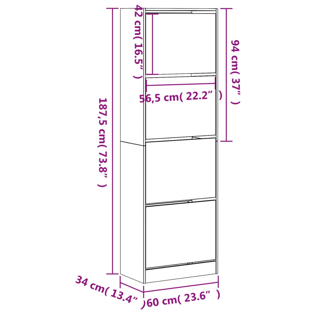 vidaXL Schuhschrank mit 4 Klappen Schwarz 60x34x187,5 cm