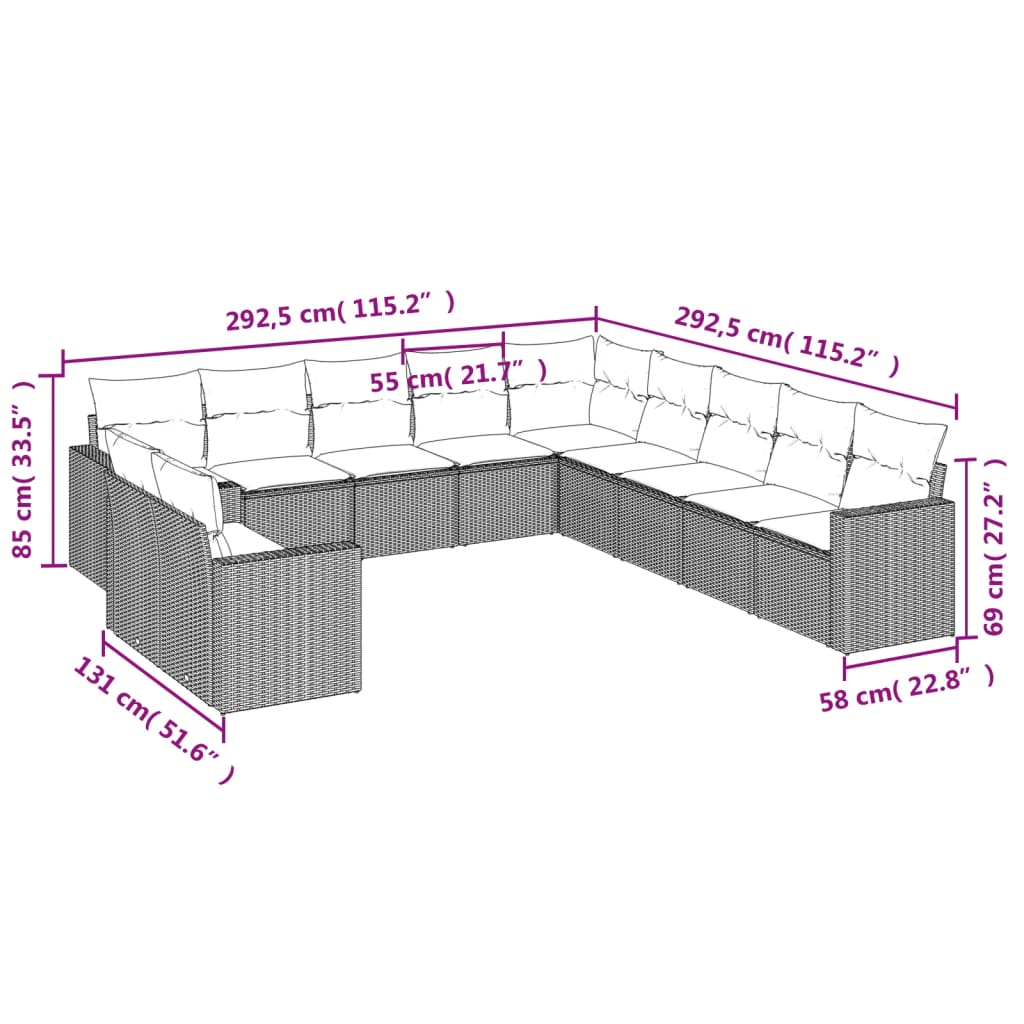 vidaXL 11-tlg. Garten-Sofagarnitur mit Kissen Schwarz Poly Rattan