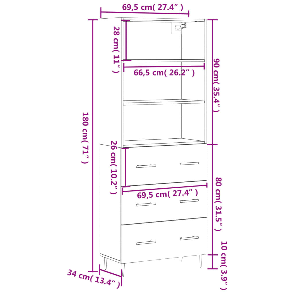 vidaXL Highboard Sonoma-Eiche 69,5x34x180 cm Holzwerkstoff