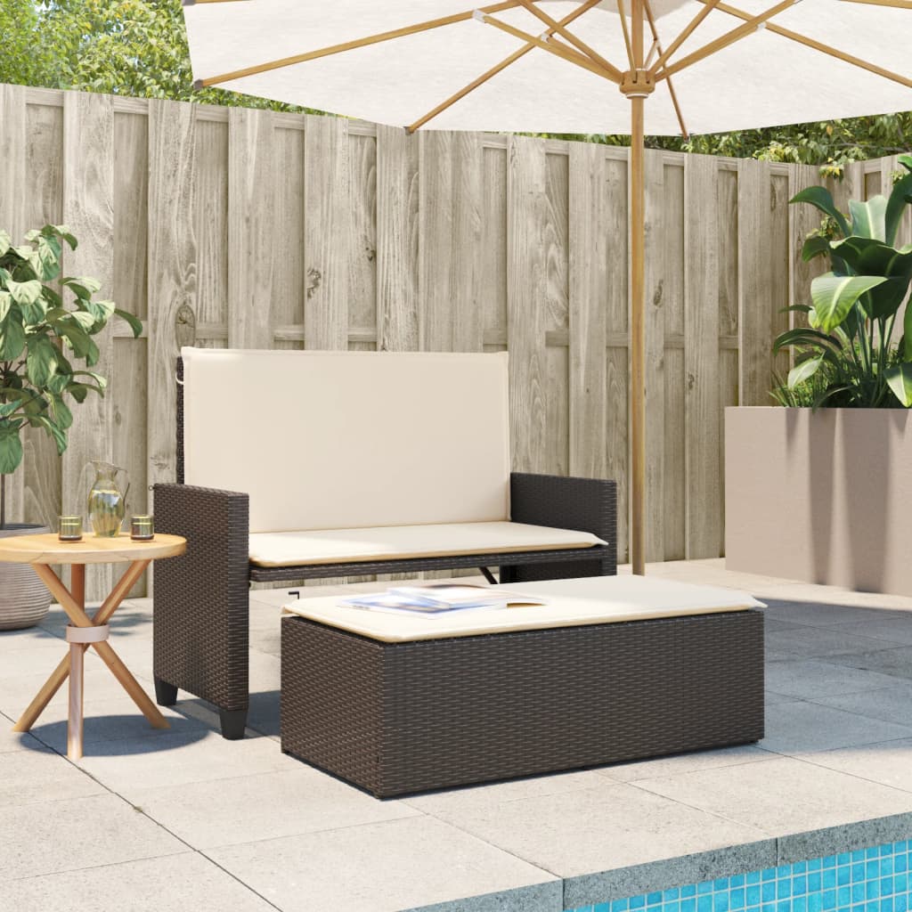 vidaXL Gartenbank mit Kissen und Hocker Braun Poly Rattan