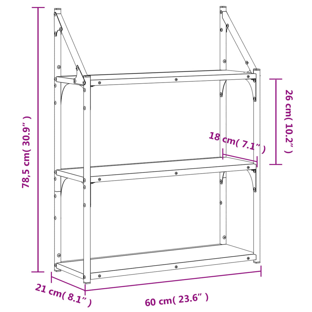 vidaXL Wandregal 3 Fächer Braun Eiche-Optik 60x21x78,5cm Holzwerkstoff