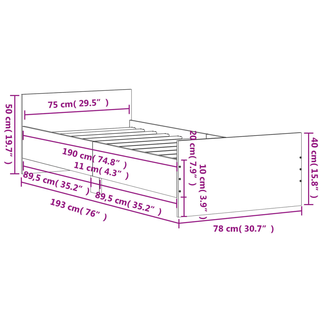 vidaXL Bettgestell ohne Matratze Räuchereiche 75x190 cm Holzwerkstoff