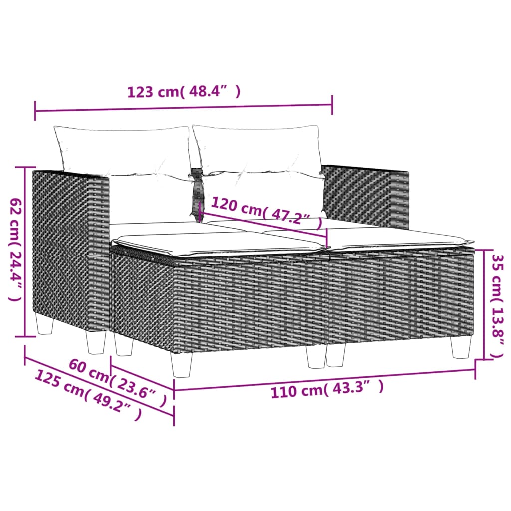 vidaXL Gartensofa 2-Sitzer mit Hockern Grau Poly Rattan