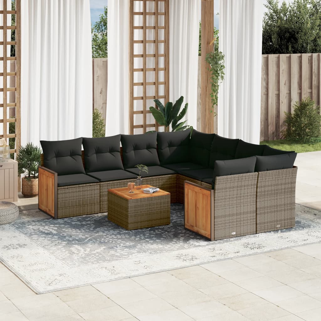 vidaXL 9-tlg. Garten-Sofagarnitur mit Kissen Grau Poly Rattan