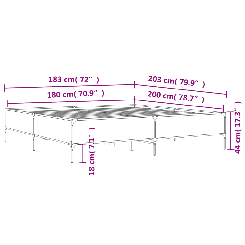 vidaXL Bettgestell Räuchereiche 180x200 cm Holzwerkstoff und Metall