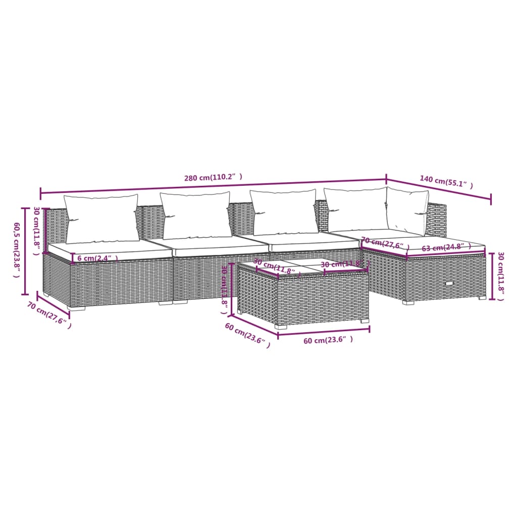 vidaXL 6-tlg. Garten-Lounge-Set mit Auflagen Poly Rattan Braun