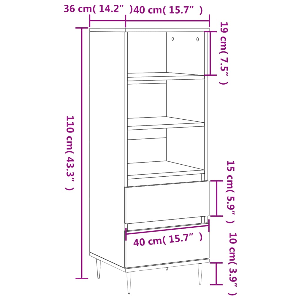 vidaXL Highboard Sonoma-Eiche 40x36x110 cm Holzwerkstoff