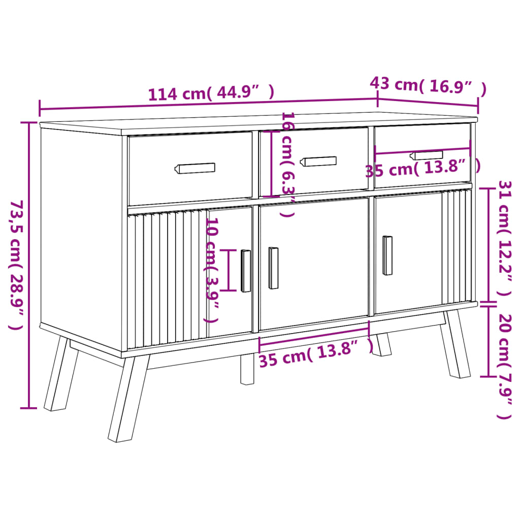 vidaXL Sideboard OLDEN Weiß und Braun 114x43x73,5 cm Massivholz Kiefer