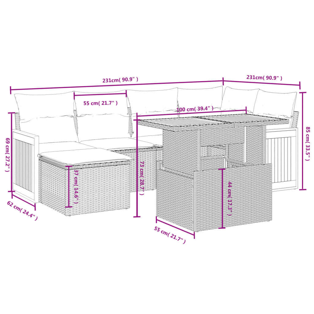 vidaXL 6-tlg. Garten-Sofagarnitur mit Kissen Schwarz Poly Rattan