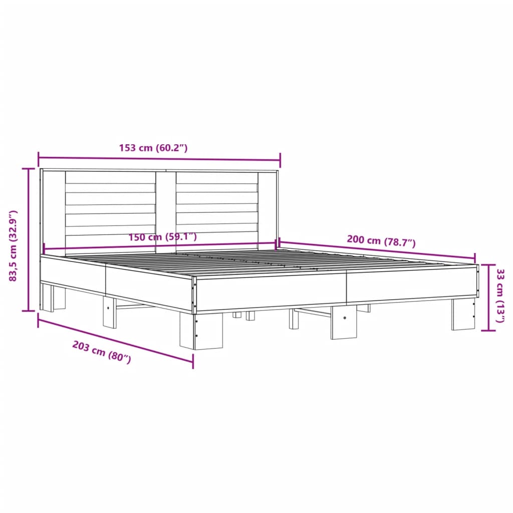 vidaXL Bettgestell Sonoma-Eiche 150x200 cm Holzwerkstoff und Metall