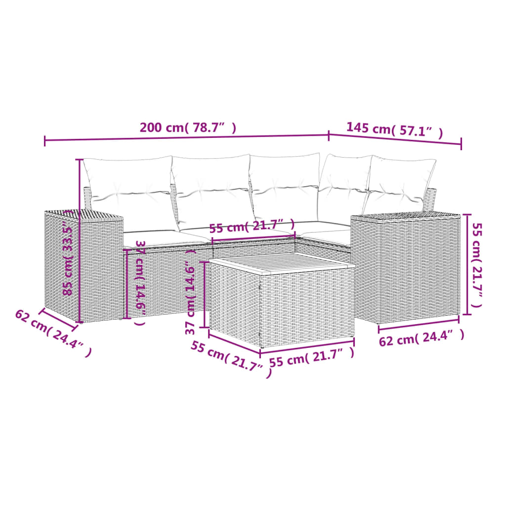 vidaXL 5-tlg. Garten-Sofagarnitur mit Kissen Grau Poly Rattan