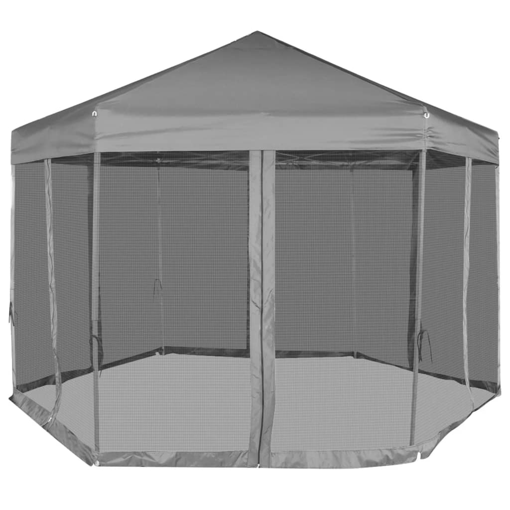 vidaXL Hexagonal Pop-Up Zelt mit 6 Seitenwänden Grau 3,6x3,1 m