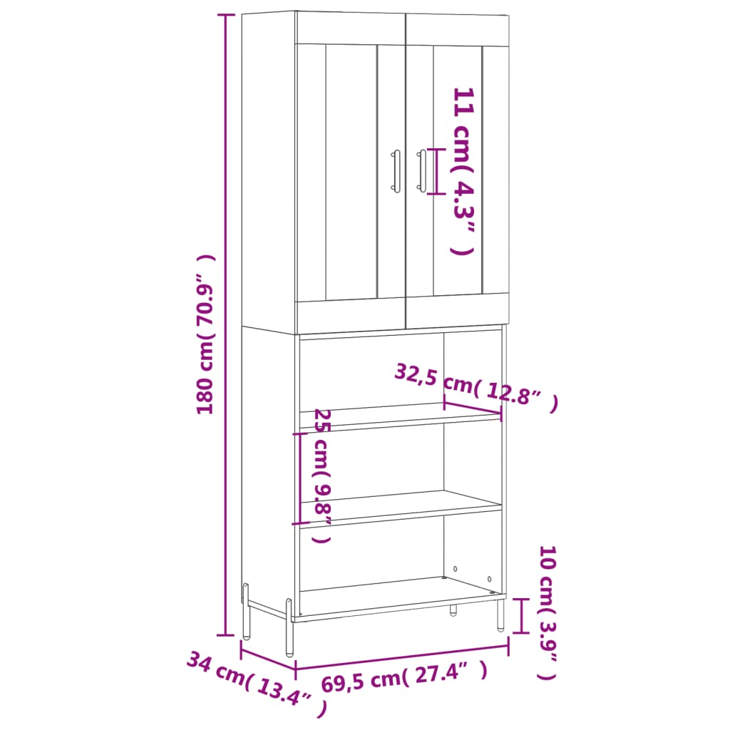 vidaXL Highboard Betongrau 69,5x34x180 cm Holzwerkstoff