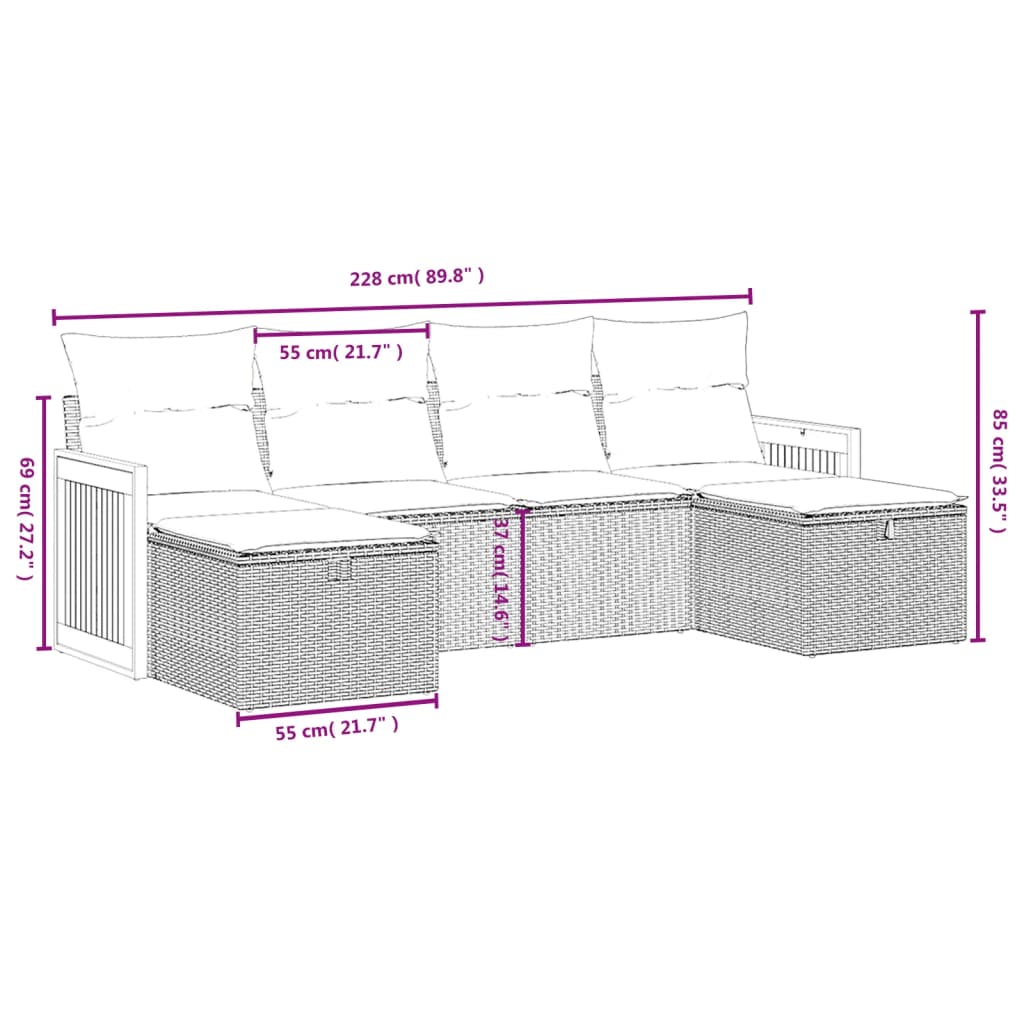 vidaXL 6-tlg. Garten-Sofagarnitur mit Kissen Schwarz Poly Rattan