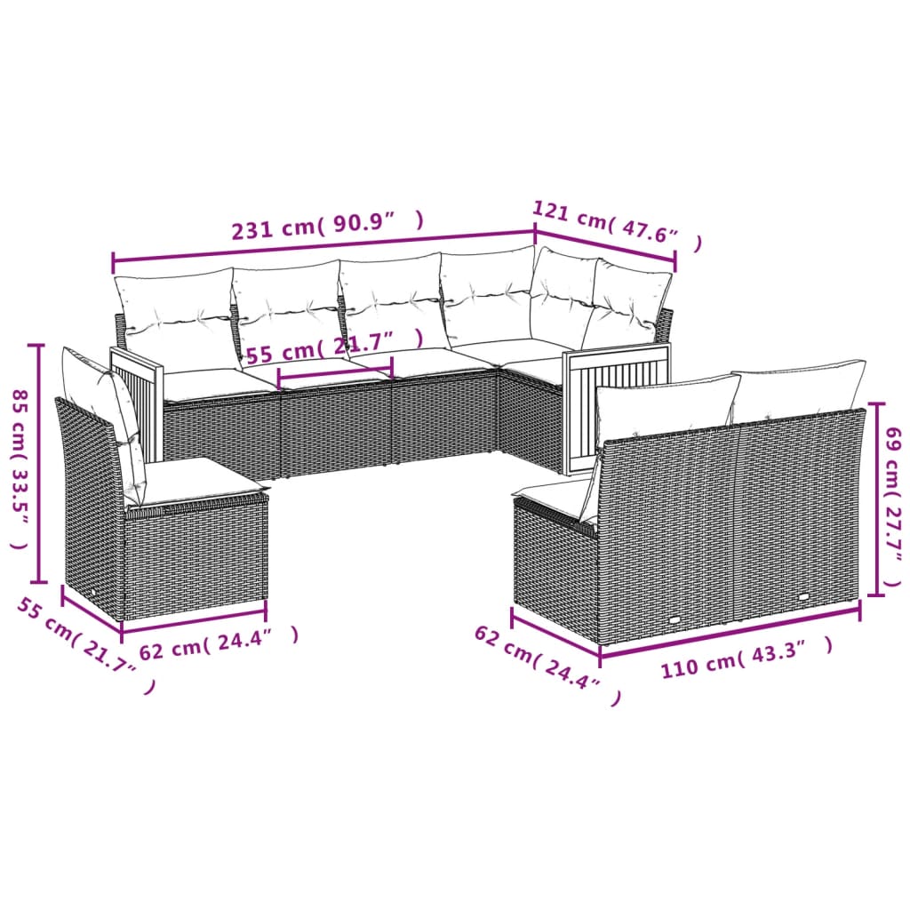 vidaXL 8-tlg. Garten-Sofagarnitur mit Kissen Grau Poly Rattan