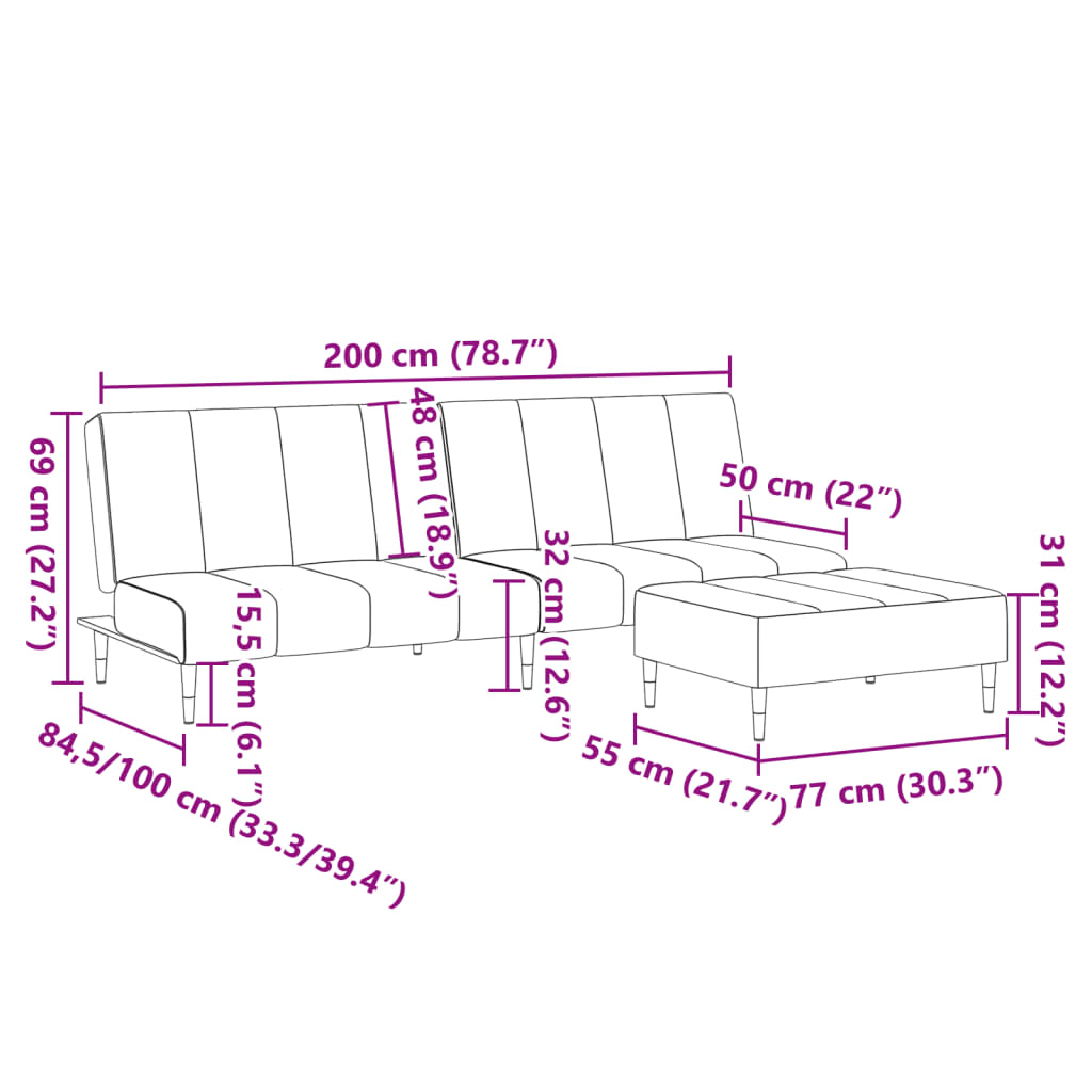 vidaXL Schlafsofa 2-Sitzer mit Fußhocker Dunkelgrau Samt