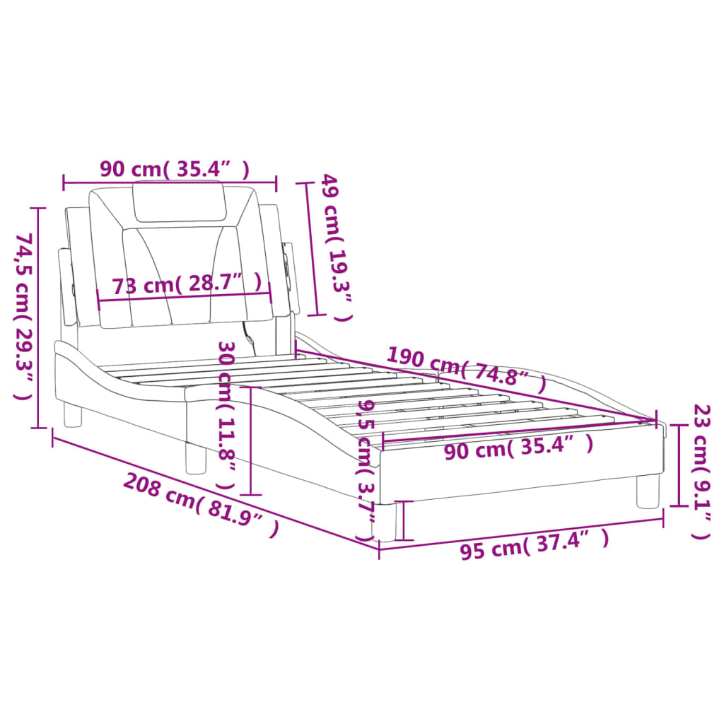 vidaXL Bettgestell mit LED Grau 90x190 cm Kunstleder