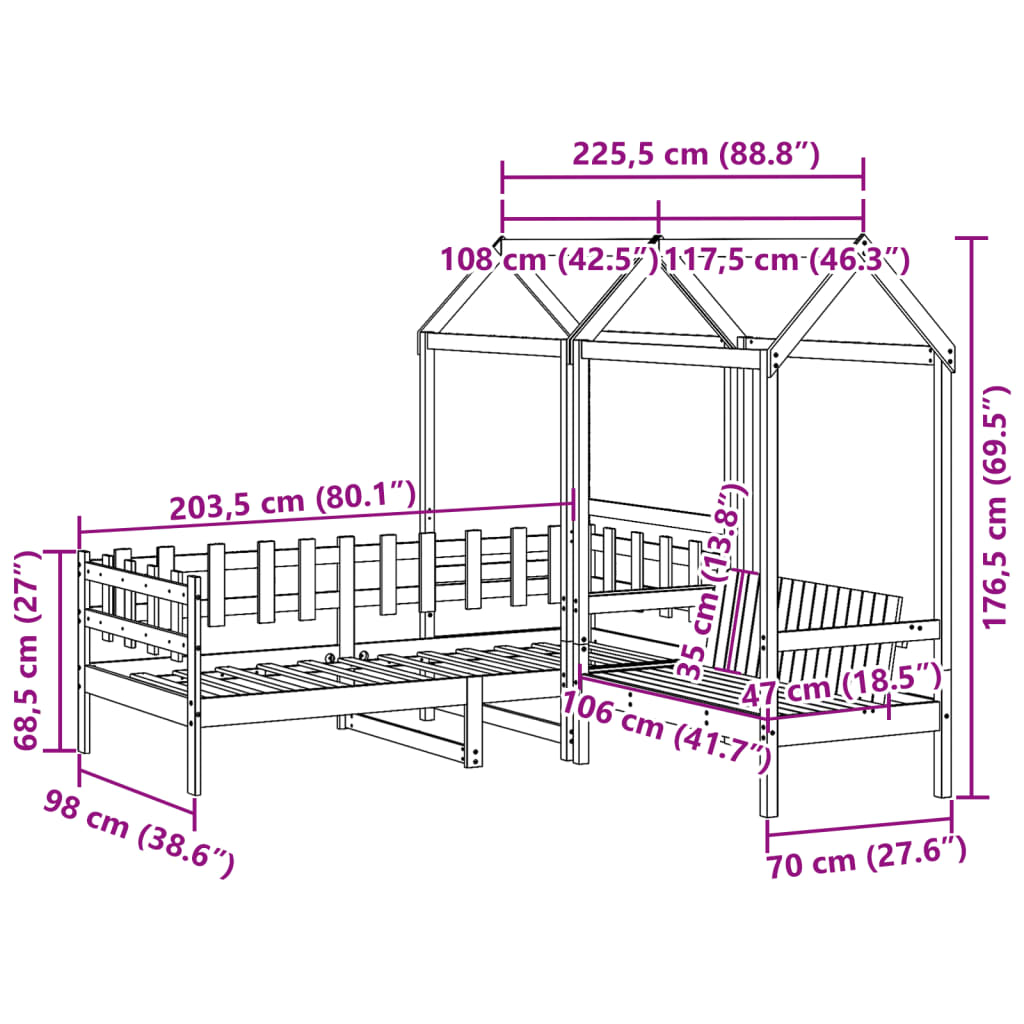 vidaXL Tagesbett und Bank mit Dach 90x200 cm Kiefernholz