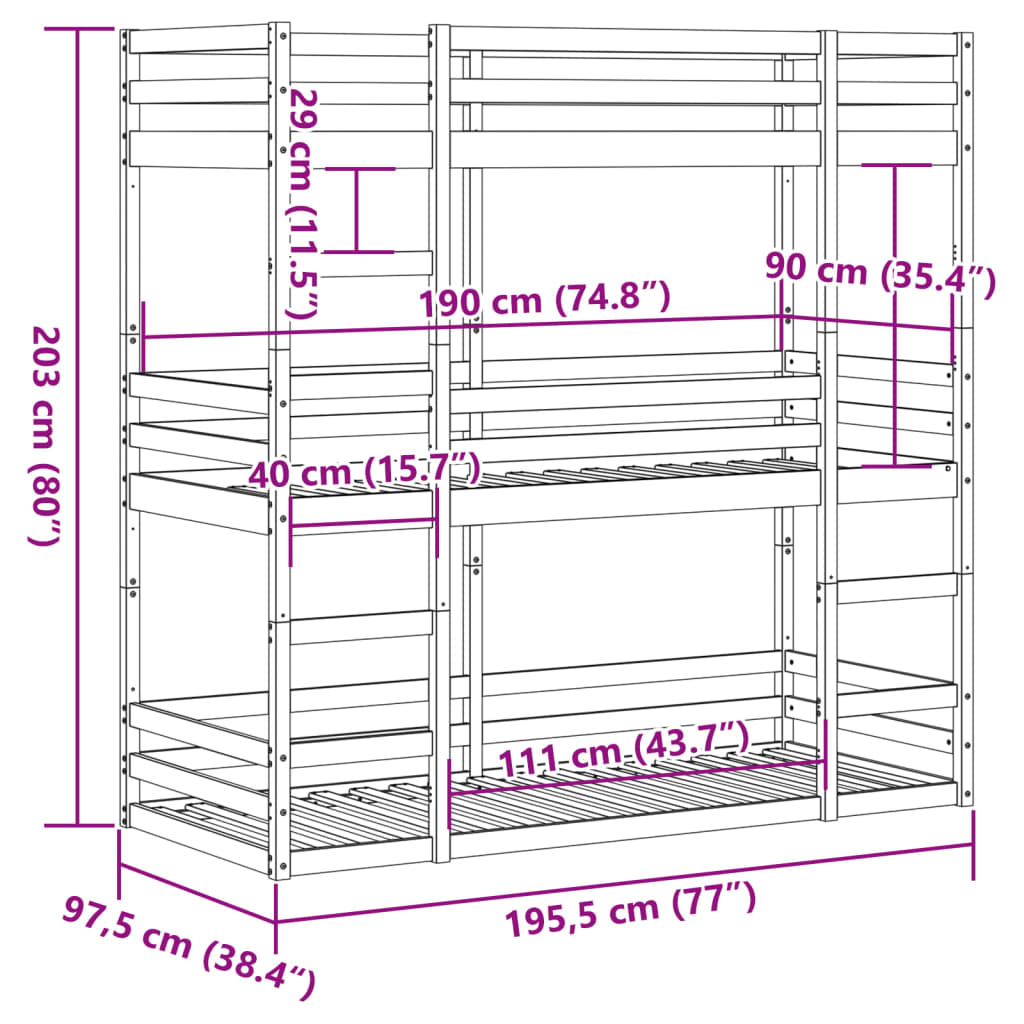 vidaXL Dreifach-Etagenbett 90x190 cm Massivholz Kiefer