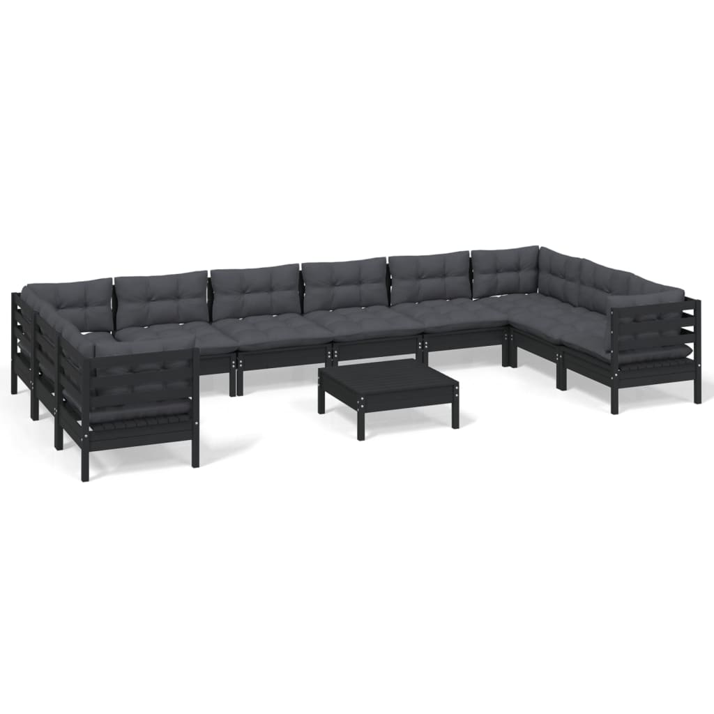 vidaXL 11-tlg. Garten-Lounge-Set mit Kissen Schwarz Kiefernholz