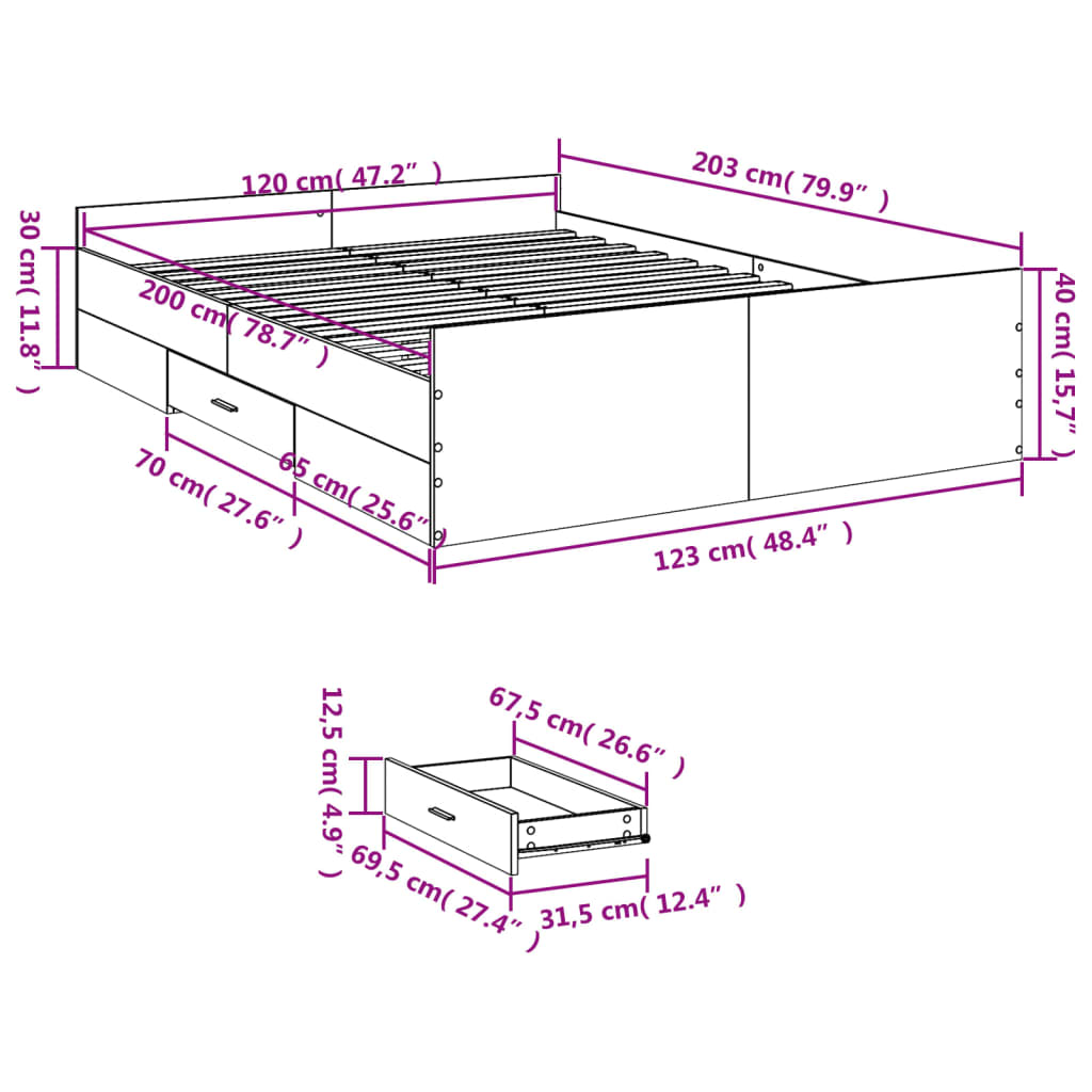 vidaXL Bettgestell mit Schubladen Grau Sonoma 120x200 cm Holzwerkstoff