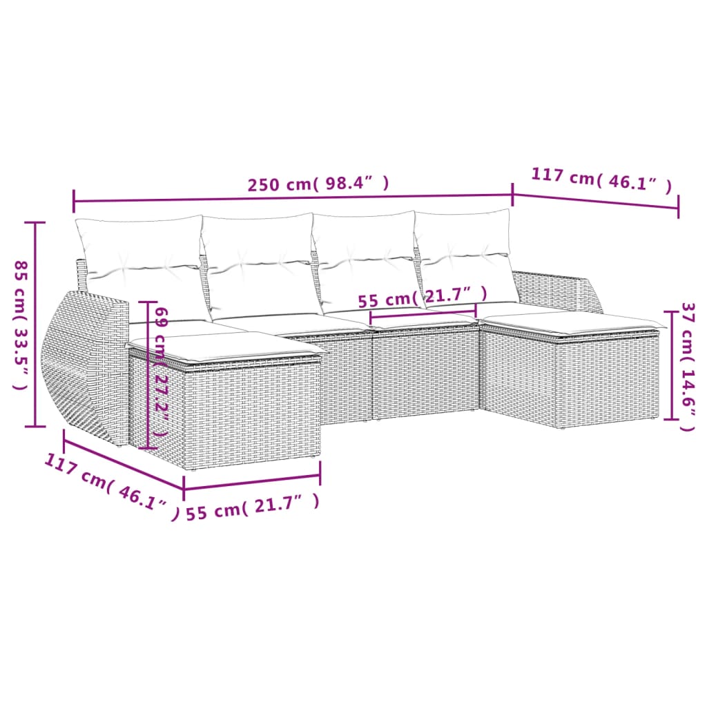 vidaXL 6-tlg. Garten-Sofagarnitur mit Kissen Hellgrau Poly Rattan