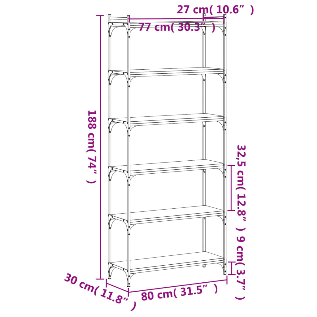 vidaXL Bücherregal 6 Böden Räuchereiche 80x30x188 cm Holzwerkstoff