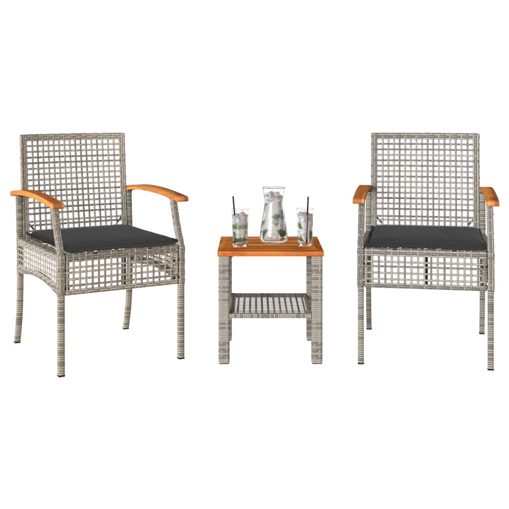 vidaXL 3-tlg. Bistro-Set mit Kissen Grau Poly Rattan Akazienholz