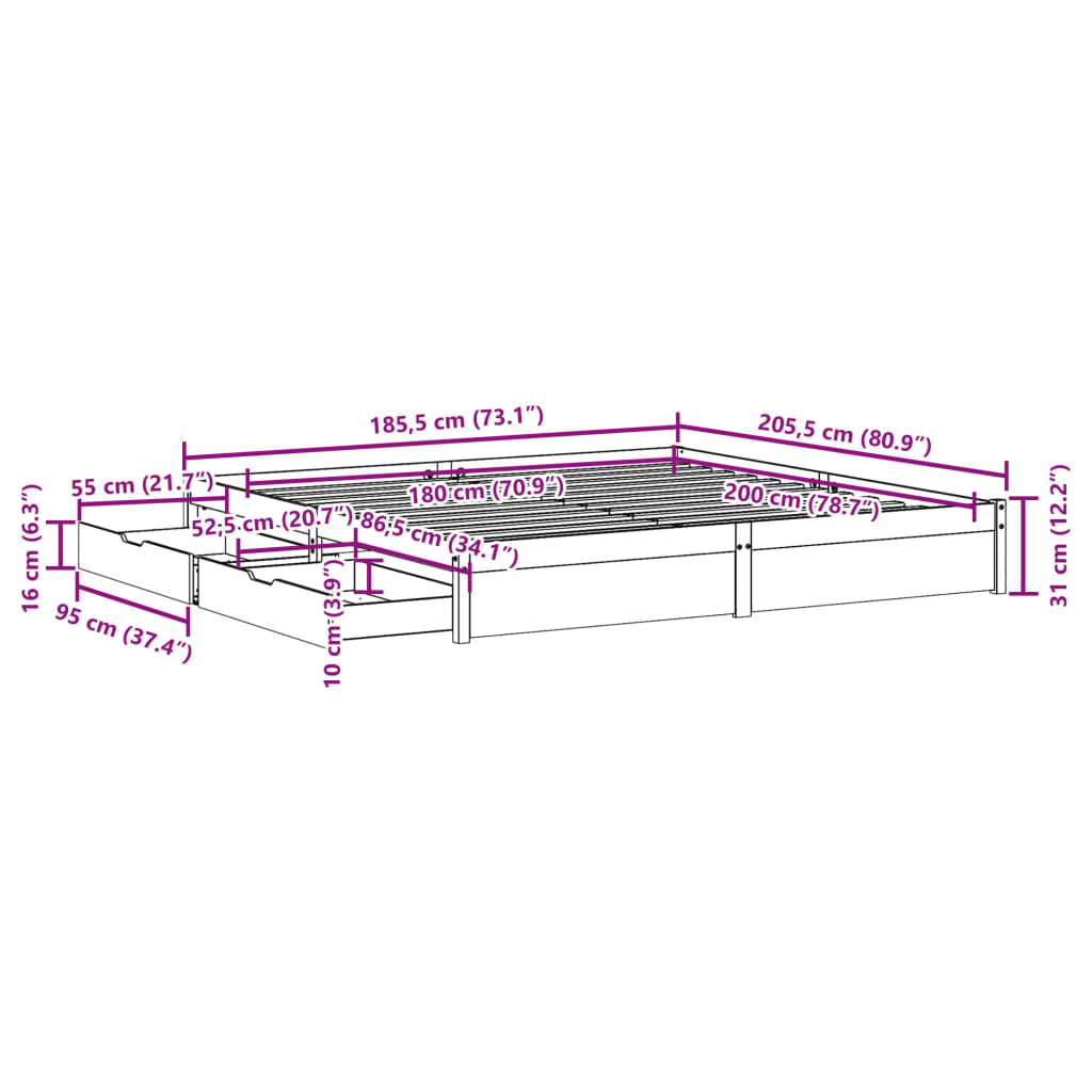 vidaXL Massivholzbett ohne Matratze Weiß 180x200 cm Kiefernholz