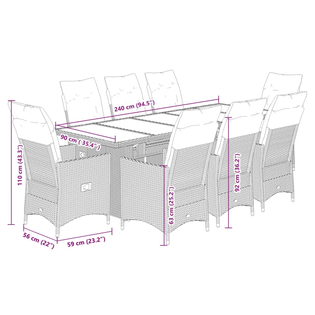 vidaXL 9-tlg. Garten-Bistro-Set mit Kissen Grau Poly Rattan