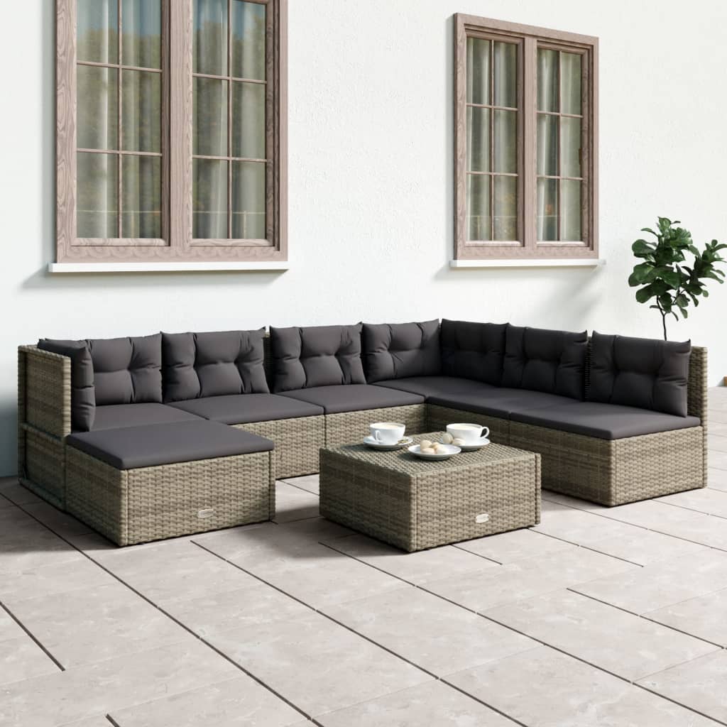 vidaXL 7-tlg. Garten-Lounge-Set mit Kissen Grau Poly Rattan