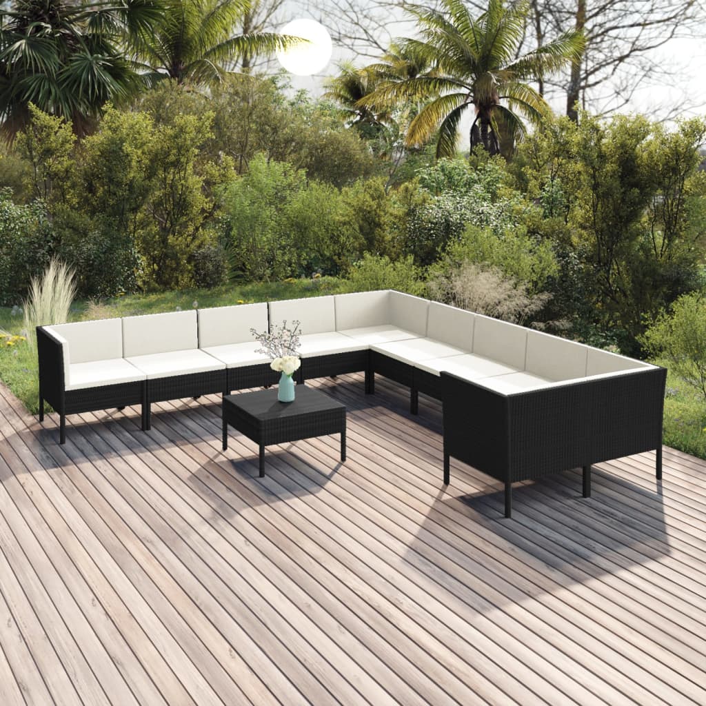 vidaXL 11-tlg. Garten-Lounge-Set mit Auflagen Poly Rattan Schwarz