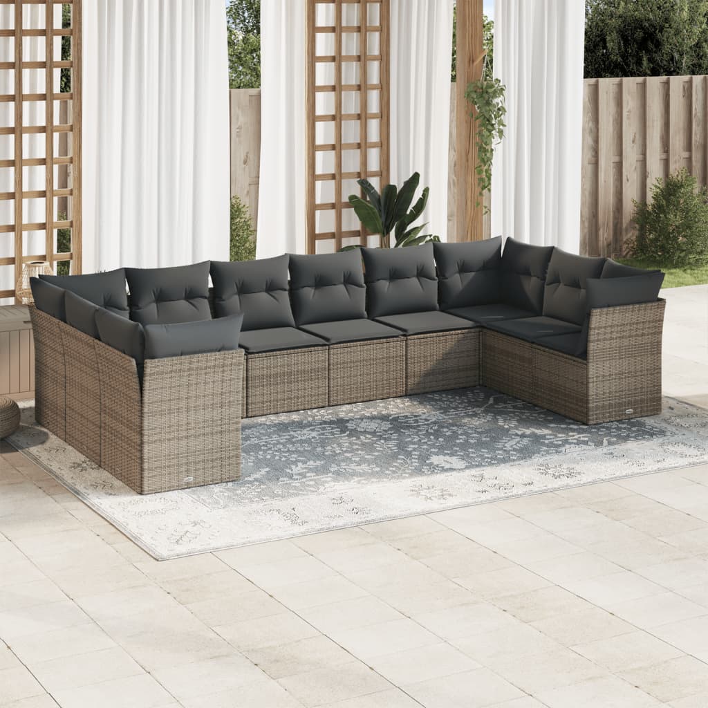 vidaXL 10-tlg. Garten-Sofagarnitur mit Kissen Grau Poly Rattan