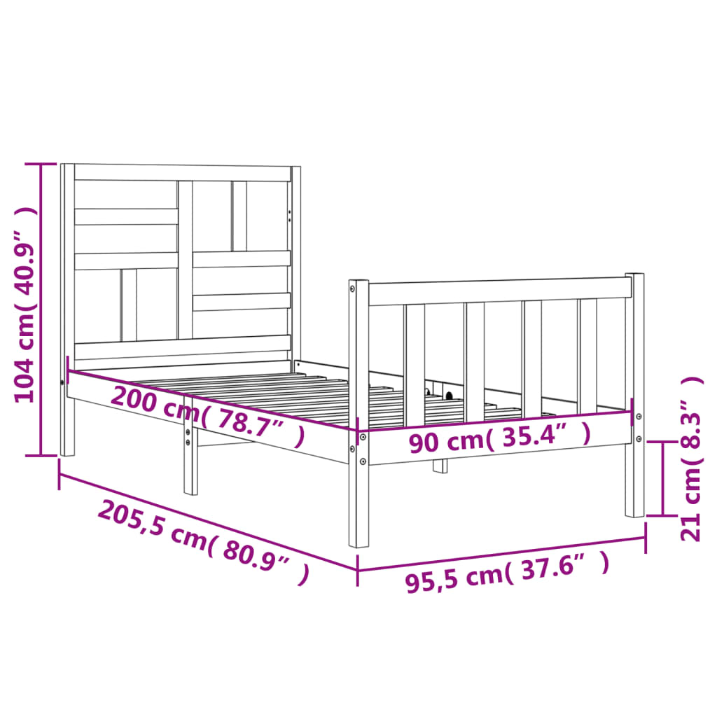 vidaXL Massivholzbett mit Kopfteil Weiß 90x200 cm