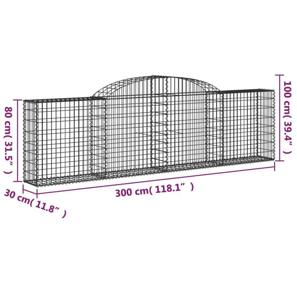 vidaXL Gabionen mit Hochbogen 3 Stk. 300x30x80/100 cm Verzinktes Eisen