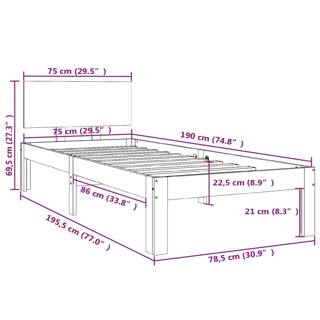 vidaXL Massivholzbett Schwarz 75x190 cm