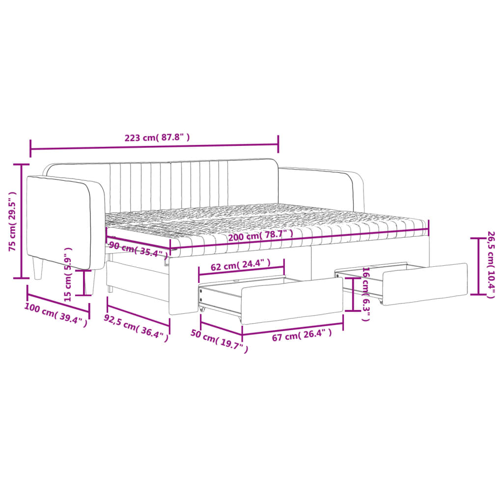 vidaXL Tagesbett Ausziehbar mit Schubladen Hellgrau 90x200 cm Samt