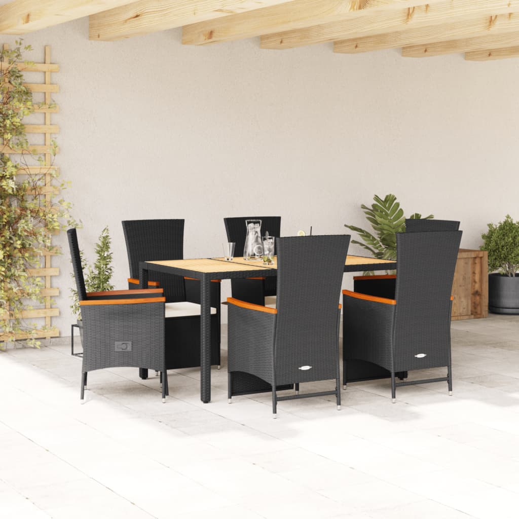 vidaXL 7-tlg. Garten-Essgruppe mit Kissen Schwarz Poly Rattan