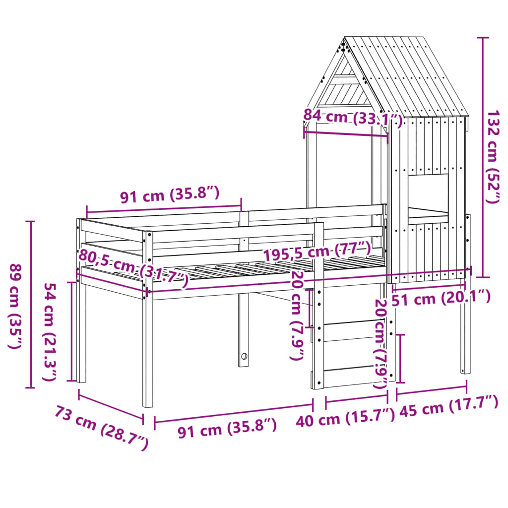 vidaXL Hochbett mit Dach 75x190 cm Massivholz Kiefer