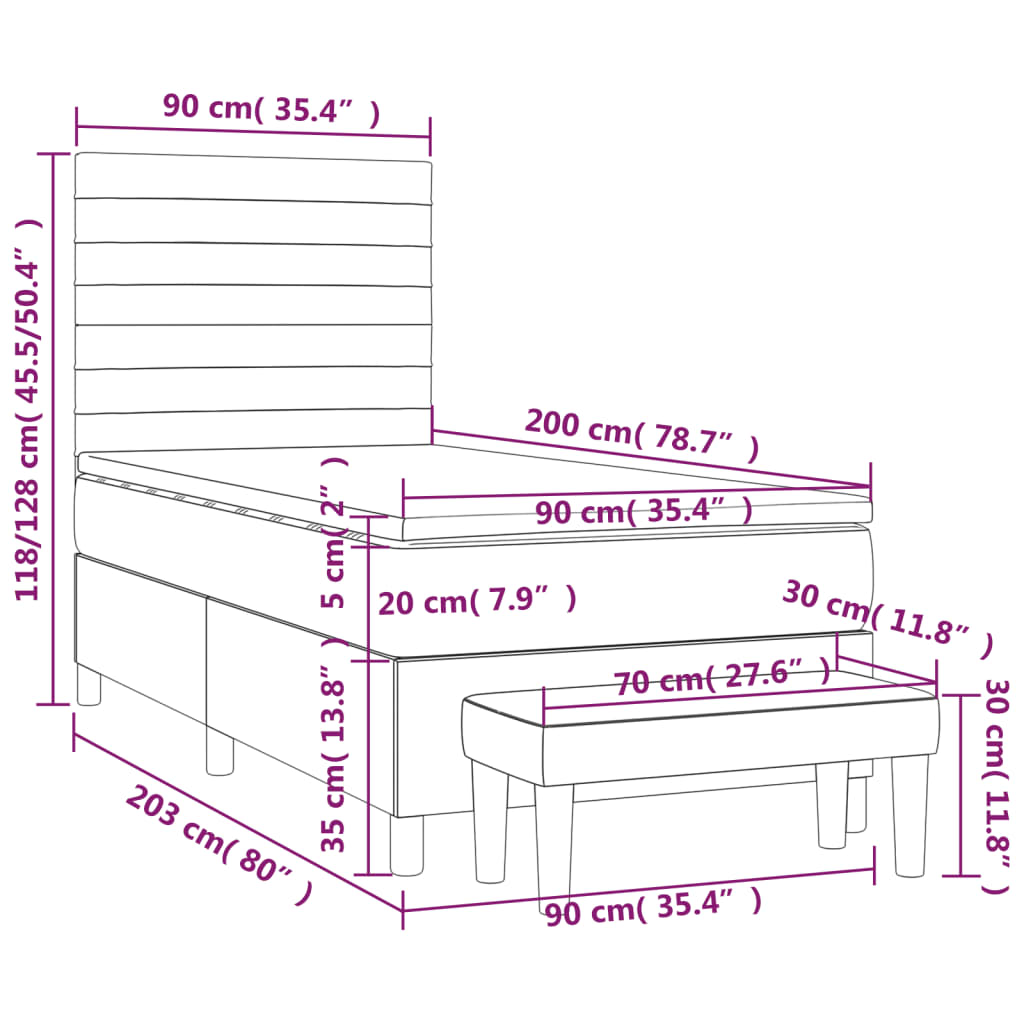 vidaXL Boxspringbett mit Matratze Hellgrau 90x200 cm Stoff