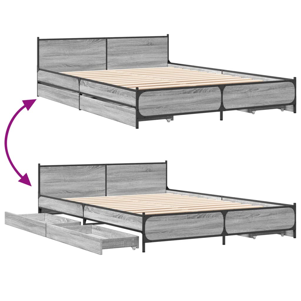 vidaXL Bettgestell mit Schubladen Grau Sonoma 150x200 cm Holzwerkstoff