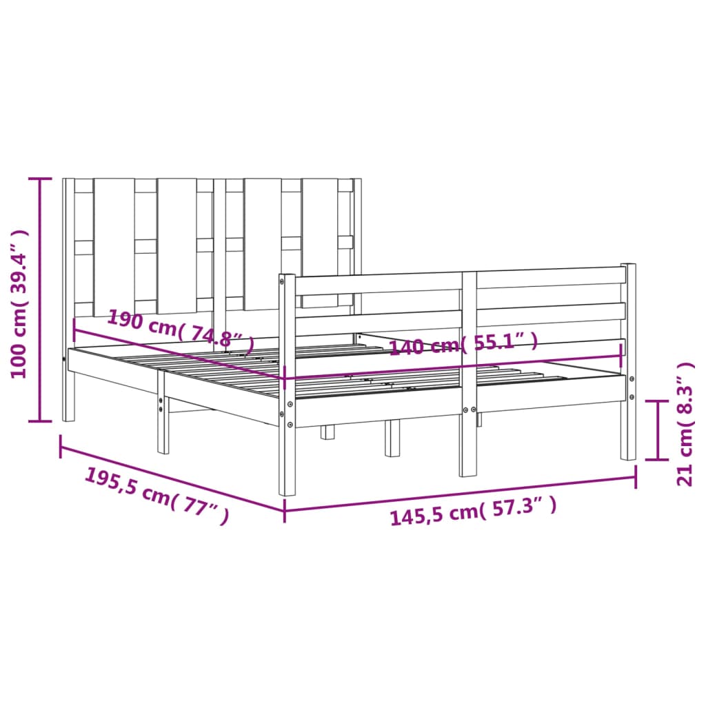 vidaXL Massivholzbett mit Kopfteil 140x190 cm