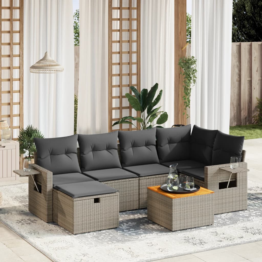 vidaXL 7-tlg. Garten-Sofagarnitur mit Kissen Grau Poly Rattan